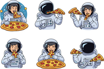 Cartoon astronauts eating delicious pepperoni pizza, space food fun, space explorers enjoying pizza slices, astronaut food illustration set, cosmic pizza time