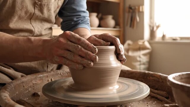 Potter Shaping Clay on Wheel - Close-up view of a potter's hands shaping a clay pot on a pottery wheel. The scene is set in a rustic workshop with natural light streaming in from a nearby window.