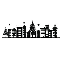 Fototapeta premium Black silhouette of a festive christmas village with a tall decorated tree
