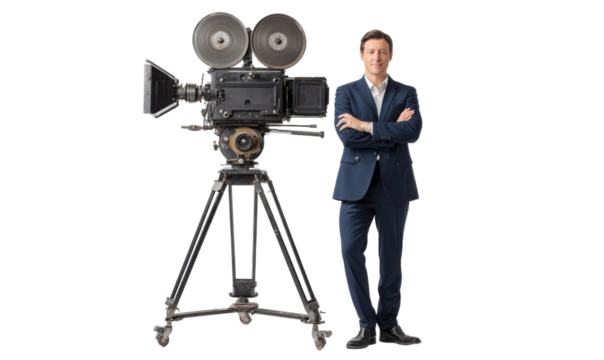 Man stands beside a vintage movie camera