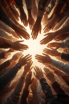 many hands gathered in a circle, human hands, unity of people