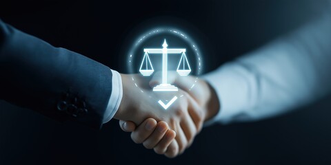 Fair Partnership, Contract Deal, Law Trust, and Value, Professional Hands in Formal Handshake Over Glowing Balanced Scale Icon and Checkmark in Professional Business Style