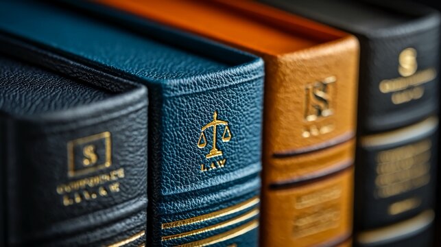 Corporate law reference books with legal symbols, justice icons, and regulatory signs representing business law resources, attorney materials, and professional references