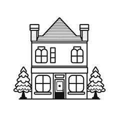 Simple black and white drawing of a two story house with trees