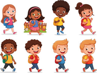 Happy diverse kids walking to school, smiling boys and girls with backpacks, children going to school, education vector cartoon illustration, school journey concept