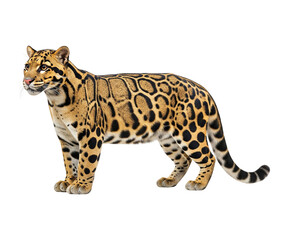 Obraz premium A Sunda Clouded Leopard is shown from a side view, standing on a clean white background.