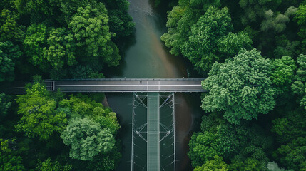 Suspension bridge with modern design stretches across a serene river, surrounded by dense greenery. Aerial perspective captures the beauty of nature and innovative engineering under bright sunlight
