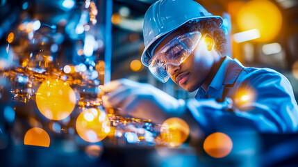 Focused engineer in hard hat and safety goggles meticulously working on intricate industrial machinery, illuminated by vibrant blue and warm orange bokeh lights, symbolizing innovation and precision