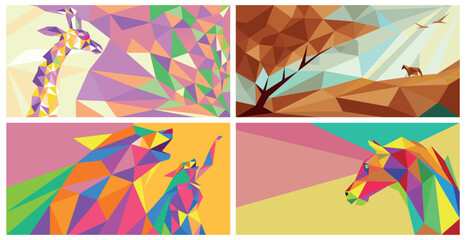 A Collection of Four Modern Animal and Nature Illustrations, Featuring a Giraffe, Wolves, and Horses, Created in a Colorful, Geometric, Low Poly and Polygonal Art Style