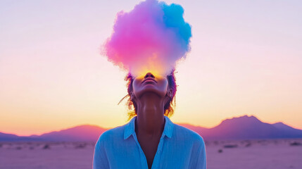 Enigmatic portrait of person with iridescent pink and blue clouds emanating from their head, set against vibrant, spiritual desert sunset