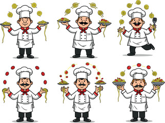 Happy chefs juggling pasta and tomatoes vector illustration, cartoon Italian cooks with spaghetti, cooking theme clipart, restaurant kitchen fun, food preparation characters
