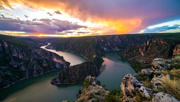 Dramatic sunset over a canyon river