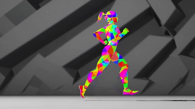 Female Athlete in Motion Represented through Geometric Low-Polygon Artistic Style