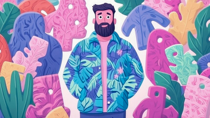 Fototapeta premium Bearded man in vibrant tropical shirt stands amidst array of colorful, stylized jungle foliage in cheerful flat illustration