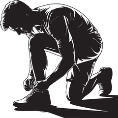 A stylized black and white illustration of a man kneeling and tying his shoelaces on a white background