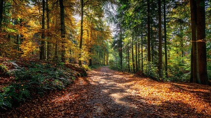Obraz premium Autumnal Trail Through a Forest of Trees with Sunlight Streaming Through Branches