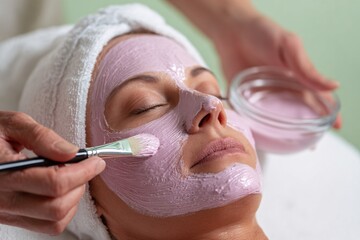 Relaxing Facial Treatment Applying a Pink Mask for Radiant Skin and a Spa Day Experience
