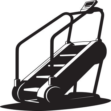 A black and white graphic illustration of a stair climber exercise machine on a white background