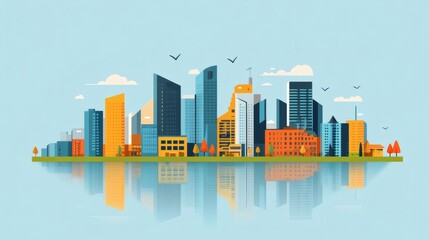 Fototapeta premium Vibrant city skyline reflected in calm water, showcasing modern architecture and autumnal trees.