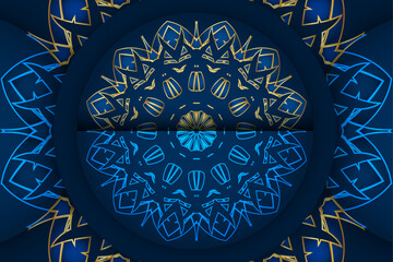 Symmetrical mandala design with intricate blue and gold geometric patterns centered on a dark blue circle decorative artwork for meditation yoga and calming spiritual wall art
