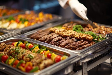 Obraz premium Delicious skewers of grilled meat and vegetables served in buffet warmers at a catered event