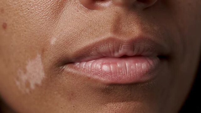 Close-up of Woman's Lips and Skin with Vitiligo - A close-up shot reveals the detailed texture of a woman's lips and skin, showcasing patches of vitiligo on her lower face.