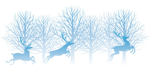 Winter Forest Deer: A delicate, artistic rendering presents three deer leaping through a snow-kissed forest, embodying a sense of freedom and the season's frosty beauty.