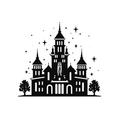 Fototapeta premium Gothic castle silhouette with stars and trees