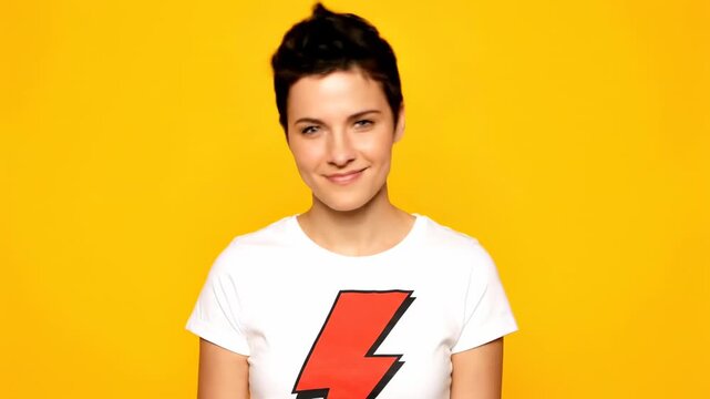 Young Woman Smiling Mischievously on Yellow Background - A young woman with short brown hair sports a playful smirk while wearing a white t-shirt with a red lightning bolt graphic against a vibrant