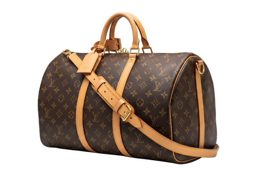 luxury louis vuitton duffle bag with leather straps on white background