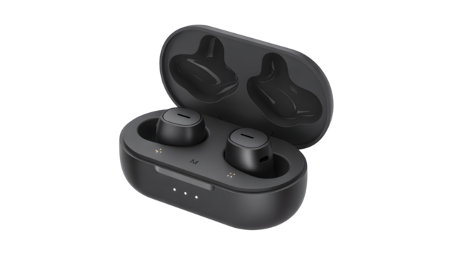 Wireless earbuds headphones bluetooth earphones audio music sound technology device gadget portable black case on transparent background