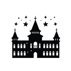 Silhouette of a grand building with stars and crosses