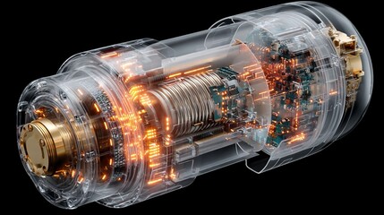 Cross-section of futuristic electric motor showing coils, magnets, and circuit boards with glowing effects for advanced technology, engineering, and innovation visuals.