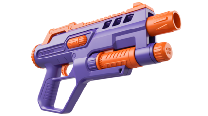 Toy gun blaster weapon play kids fun orange purple plastic shoot game object firearm futuristic design on transparent background
