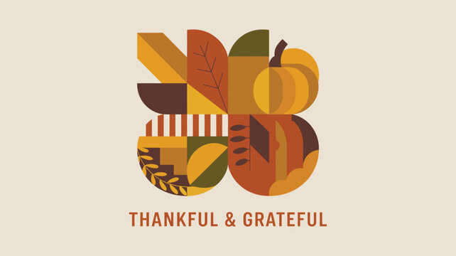 Geometric thanksgiving art featuring a pumpkin leaves and the phrase thankful and grateful below it