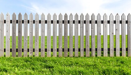 Fototapeta premium A simple wooden picket fence stretches across a grassy field, under a partly cloudy sky.