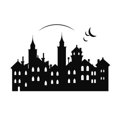 Silhouette of a european city skyline at dusk with crescent moons