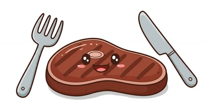 Cute cartoon steak illustration with fork and knife