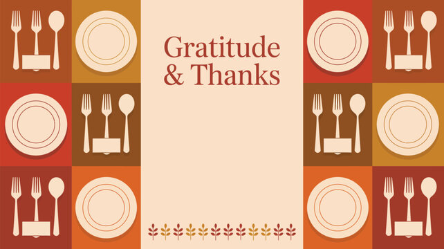 A thanksgiving themed image with plates, forks, spoons, and the words gratitude and thanks written