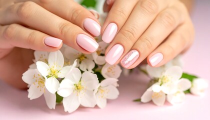 Fototapeta premium Delicate pastel pink nails, adorned with subtle glitter, gently resting amongst a cluster of spring blossoms, creating a serene and elegant display.