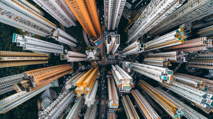 Tall skyscrapers with colorful rooftops dominate the view from above, showcasing a dynamic urban environment filled with architectural diversity and high-density living