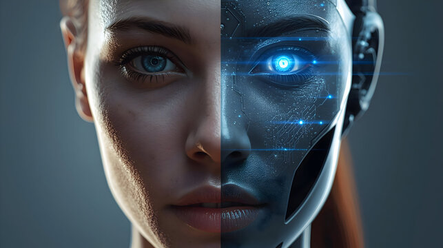 Human and robot face merge, showcasing artificial intelligence, futuristic technology, and evolving duality of digital identity