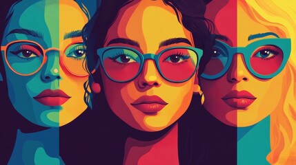 Vibrant portrait of three women wearing stylish glasses, depicted in a bold, colorful, and graphic art style.