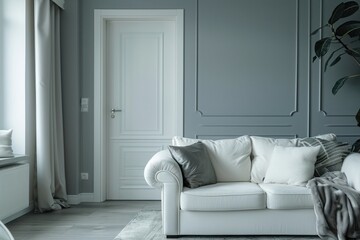 Modern interior of studio apartment in gray and white colors and tones. White furniture and door. Expensive and luxury design
