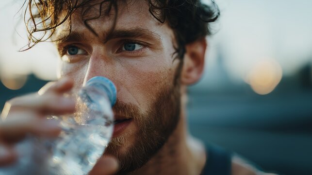 Close-up of a man drinking water from a bottle after a strenuous outdoor exercise, highlighting hydration and fitness.