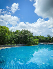 Beautiful luxury umbrella and chair around outdoor swimming pool in hotel. Resort with blue swimming pool with natural trees. Sunny morning.