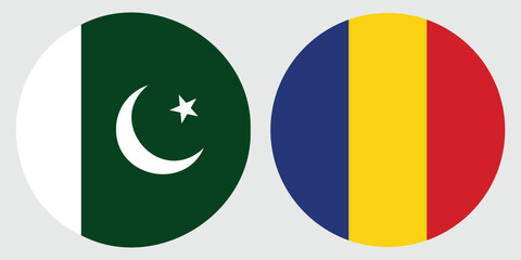 Circular National Flags of Pakistan and Romania with Grey background 
