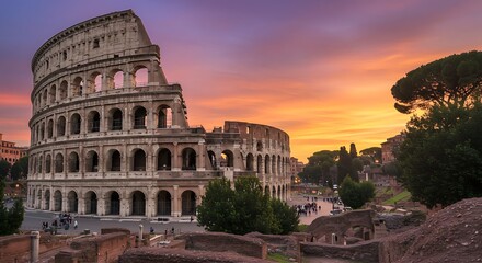 Fototapeta premium Ancient roman colosseum bathed in the golden light of sunset in a panoramic view