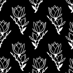 seamless symmetrical pattern of white graphic magnolia flowers on a black background, texture, design