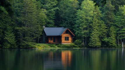 Fototapeta premium A serene log cabin by a calm lake, surrounded by lush green trees, reflecting nature's beauty in a peaceful setting.
